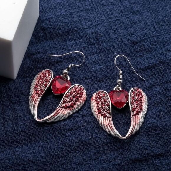 Silver with Ruby Red Crystal Angel Wing with Heart Dangling Hook Earrings - Picture 3 of 5